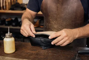 Profissional colando solas descoladas de sapato em Jundiaí com adesivos apropriados.