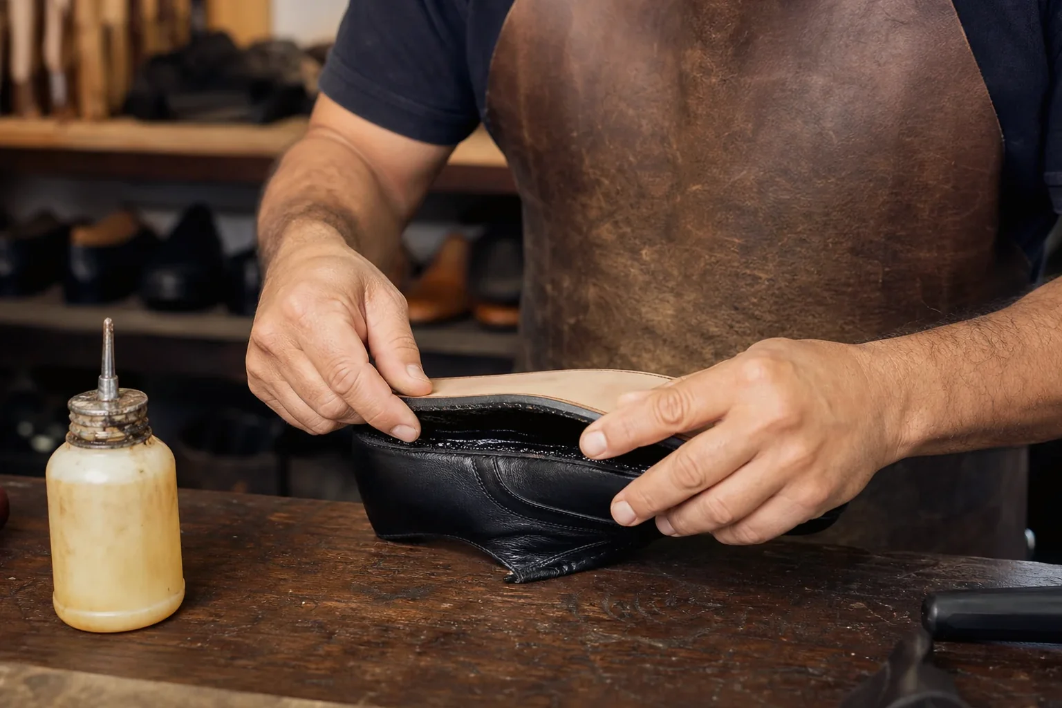 Profissional colando solas descoladas de sapato em Jundiaí com adesivos apropriados.