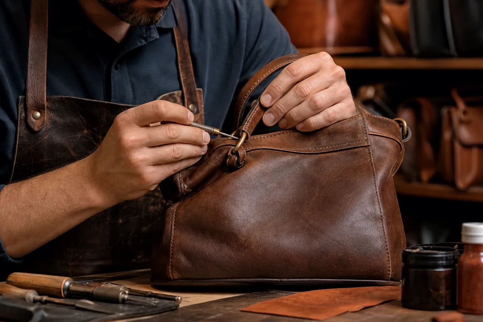 Profissional realiza reforma em bolsa de couro em Jundiaí com cuidado.
