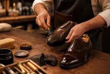 Sapateiro realiza reforma em sapatos sociais em Jundiaí, com atenção aos detalhes.