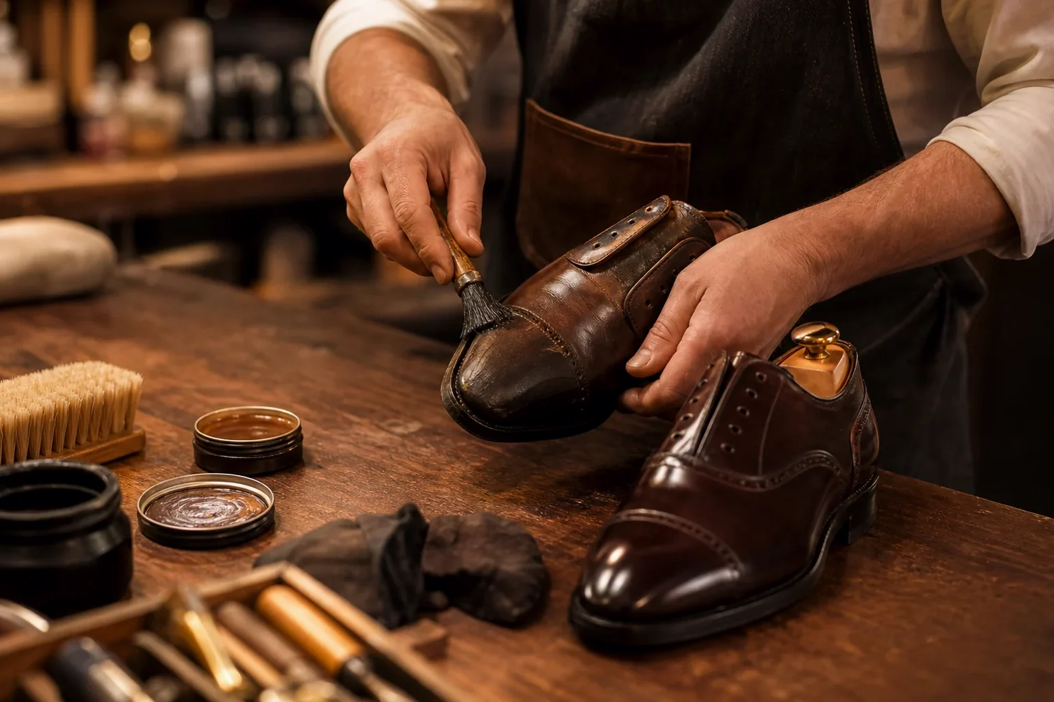 Sapateiro realiza reforma em sapatos sociais em Jundiaí, com atenção aos detalhes.